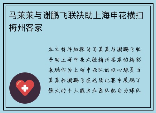 马莱莱与谢鹏飞联袂助上海申花横扫梅州客家