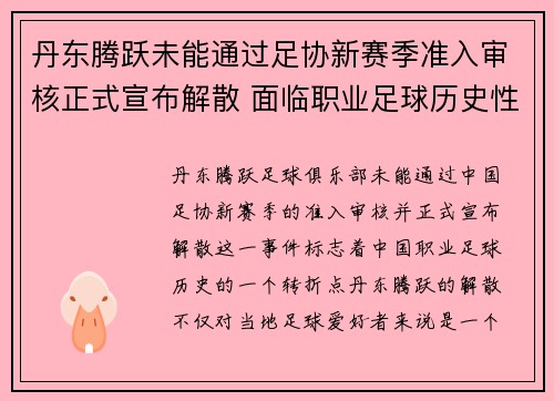 丹东腾跃未能通过足协新赛季准入审核正式宣布解散 面临职业足球历史性转折